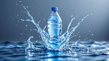 Clear Plastic Water Bottle Surrounded by Splashing Water and Waves in a Bright Studio Setting