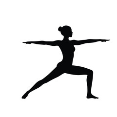 Black silhouette of a woman in warrior two yoga pose on white background