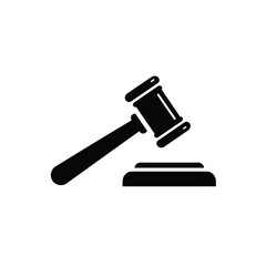 Black and white graphic illustration of a judge's gavel and sound block isolated on white