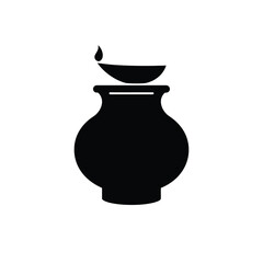 Elegant black and white illustration of a traditional diya lamp and vessel for festivals