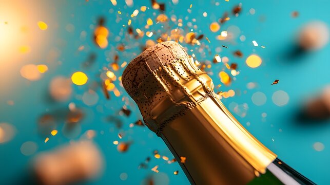Champagne Bottle Cork Popping with Golden Confetti on Teal Background