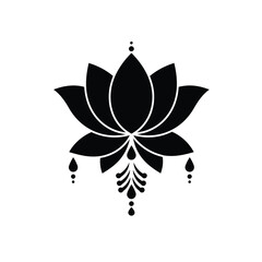 Elegant black lotus flower design with ornamental drops on a clean white background