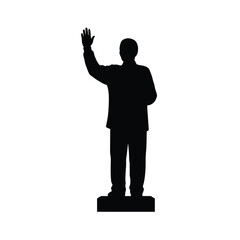 Black silhouette of a man waving greeting standing on a rectangular base