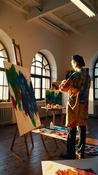 Talented artist painting on canvas in sunlight art studio