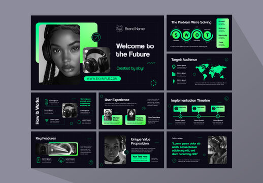 Black And Green Futuristic Modern Business Presentation Slides Template