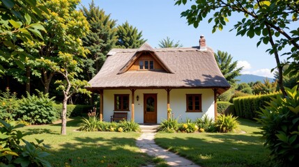 Charming thatched-roof cottage surrounded by vibrant greenery and serene landscape in sunny day