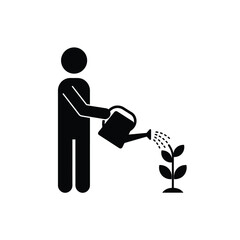 Black silhouette person watering plant with a watering can simple vector illustration on white