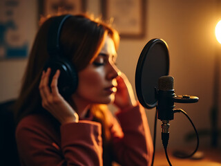 Recording a vocal performance home studio audio production cozy environment side view music creation