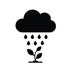 Simple black and white illustration of a cloud rain and a young plant growing