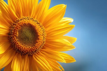 Obraz premium Close-up view of a vibrant sunflower against a pale blue sky.