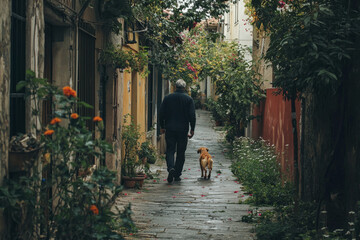 A quiet alley with small flowers growing on either side, a man is walking his dog, a labrador, slowly, enjoying the solitude