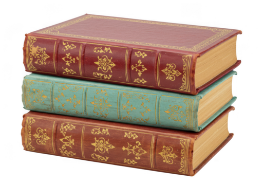 Stack of vintage books with decorative covers and golden edges isolated on transparent background