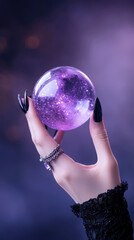 Naklejka premium Mystical witch's hand holding a glowing crystal ball against a dramatic background