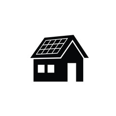 Simple black and white house with solar panels on the roof illustrating renewable energy