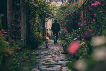 A quiet alley with small flowers growing on either side, a man is walking his dog, a labrador, slowly, enjoying the solitude