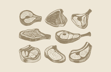 Set of meat vintage engraving style logo design illustration