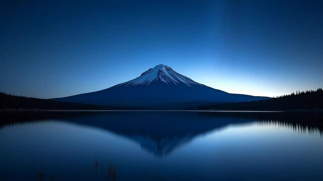 Mount Fuji reflection on a tranquil lake during twilight with soft blue light enveloping the landscape, creating a serene and peaceful mountain scene seamless looping 4k time-lapse animation video bac