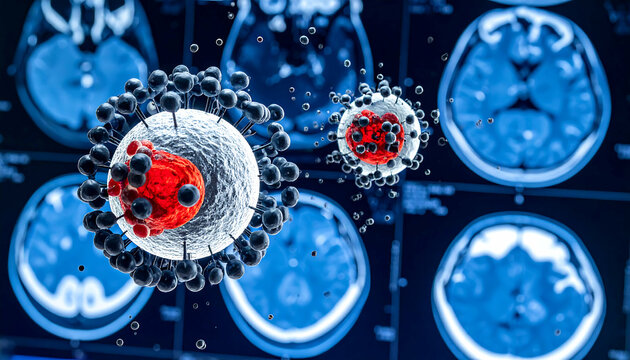Microscopic View of Virus Infecting Brain Cells: Medical Imaging