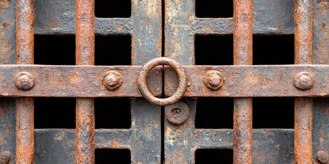 A Close-Up View of a Rusty Metal Gate with Intricate Ironwork and a Ring Detail, Showing Texture and Age
