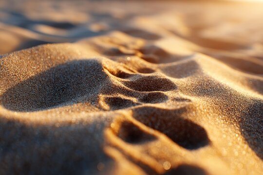 Close up view of footprints in the golden sand at sunrise.