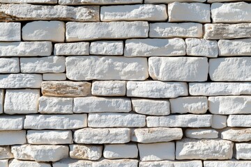 Close-up of a white stone wall with rectangular, unevenly sized blocks, showing varied shades of white and pale beige.  The stones are tightly fitted together, creating a textured surface