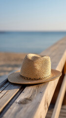 Relaxing summer scene with straw hat on boardwalk overlooking tranquil sea