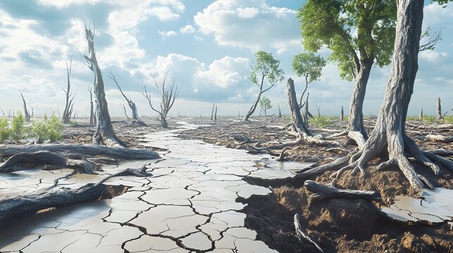 A desolate landscape of cracked earth and withered trees.
