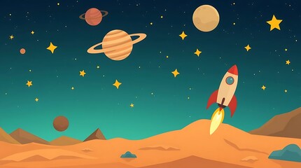Vibrant cartoon illustration of a rocket launching from a planet surface into a starry sky filled with colorful planets.