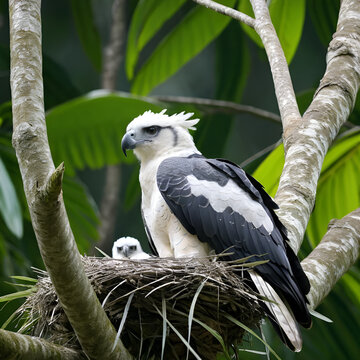 Harpy Eagle (Harpia harpyhja) young chield in his nest i north of Amazonian, Brazil