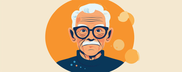 Fototapeta premium Elderly man with glasses and white hair against vibrant orange background.