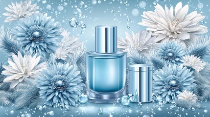 Refreshing floral essence bottle surrounded by winter blooms studio setting digital art calm atmosphere close-up beauty concept
