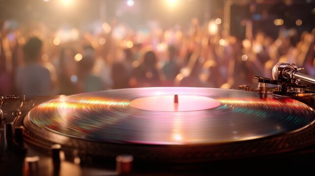 Vibrant vinyl record with rainbow sound waves, evoking the universal joy of music on World Music Day
