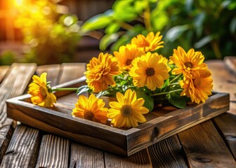 Sunlit Garden Photography: Vibrant Yellow Flowers in Wooden Tray