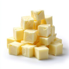 Pile of cubed butter pieces isolated on a plain white surface food
