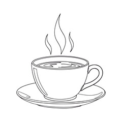 Cup and Saucer with Hot Drink Line Illustration. Black and White Line Art of Hot Drink in a Cup.
