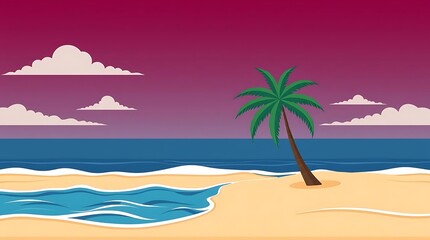 Colorful beach scene at sunset/sunrise with a single palm tree, gentle waves, and a vibrant purple and pink sky with clouds. Tranquil coastal landscape.

