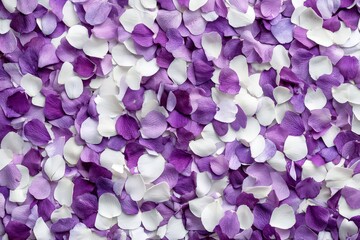 Purple and white flower petals scattered on a surface.