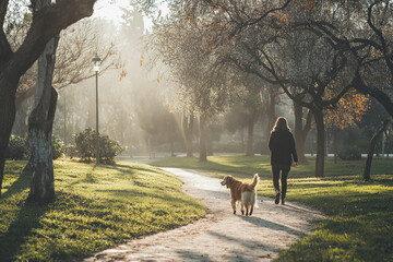  A sunny park with trees and a path winding through it, a person is walking their dog, a golden retriever