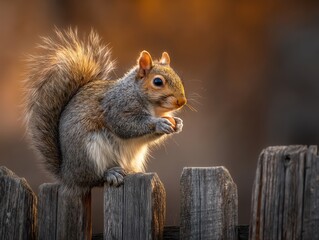 Squirrel eating nut on fence sunset