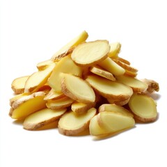 Fresh ginger slices pile isolated on plain background healthy food