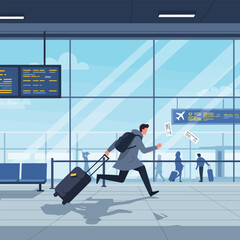 Man Running at Airport with Luggage and Dropping Flight Tickets