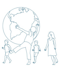  group of children running around large metal globe.