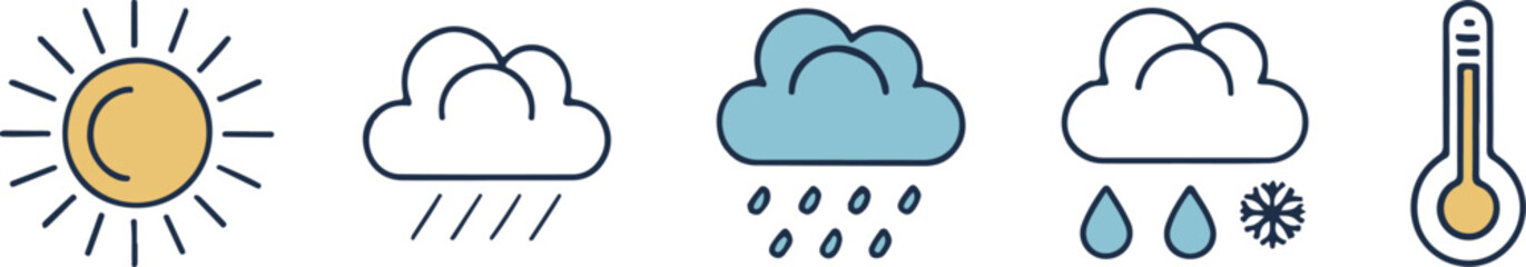 Weather Icons Vector Set: Sun, Rain, Snow, Thermometer