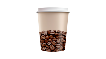 Coffee cup design featuring coffee beans beige cup white lid