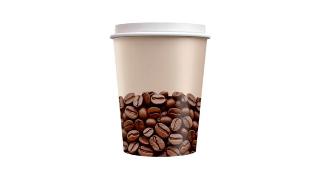 Coffee cup design featuring coffee beans beige cup white lid