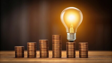 Modern wealth savings and financial growth. Light bulb atop stacked coins symbolizes innovative investment and financial growth.