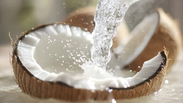 A coconut is being cut open and water is pouring out. The image has a light and refreshing mood, as the water from the coconut is being released into the air