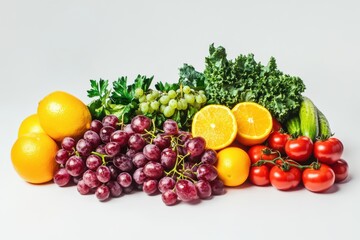 Assortment of fresh fruits and vegetables on a white surface in studio shot