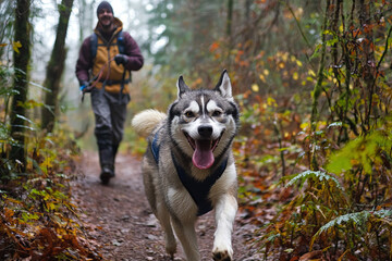 A winding trail in a forest with light filtering through the trees, a man is walking his energetic husky, who is running ahead and exploring the surroundings
