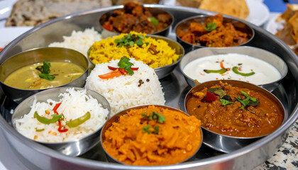 Delicious Indian Thali Platter: Authentic Curries & Rice